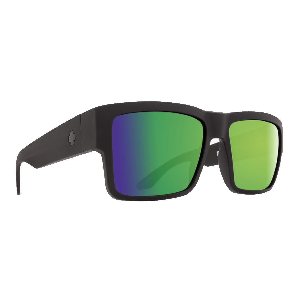 The Spy Cyrus sunglasses by Spy feature a matte black rectangular frame with thick arms and green Spectra-mirrored Happy Bronze Polar lenses, shown angled on a white background for stylish UV protection.