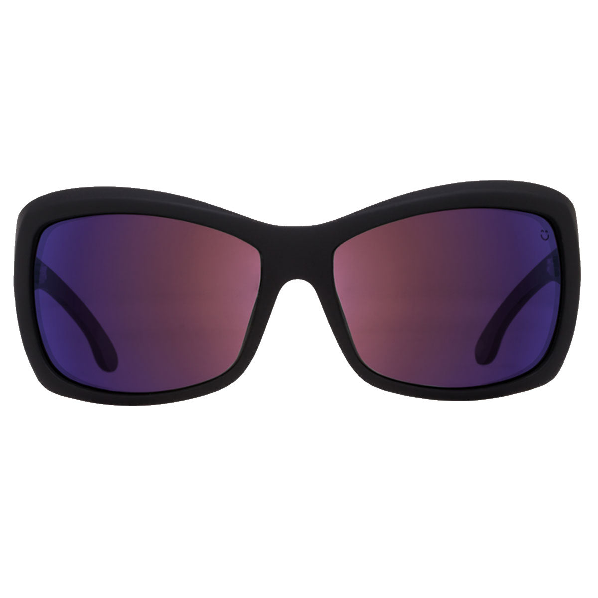 The Spy Farrah sunglasses by Spy feature thick matte black frames and large, slightly curved lenses in Happy Rose Polar with Midnight Spectra, offering 100% UV protection. Shown front-facing on a white background.