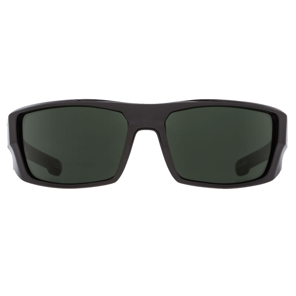 Front view of Spy Dirk sunglasses by Spy in black, featuring rectangular frames, HD Plus gray green polar lenses, thick design, and 100% UV protection.