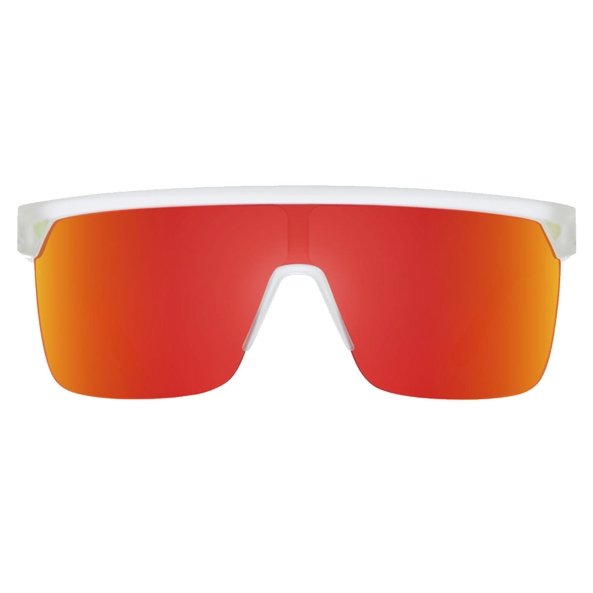 Front view of Spy Flynn sunglasses by Spy, featuring a matte crystal frame and a single large HD Plus gray green lens with red Spectra mirror coating and UV protection.