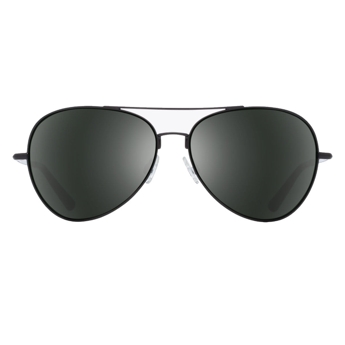 The Spy Blackburn sunglasses in black feature HD Plus gray green lenses with a black Spectra mirror, shown facing forward against a white background.