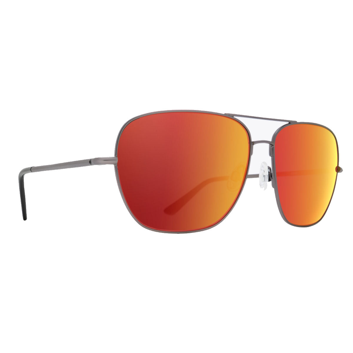 The Spy Tatlow sunglasses feature thin matte gunmetal frames and large rectangular red Spectra mirror HD Plus gray green lenses for enhanced clarity.