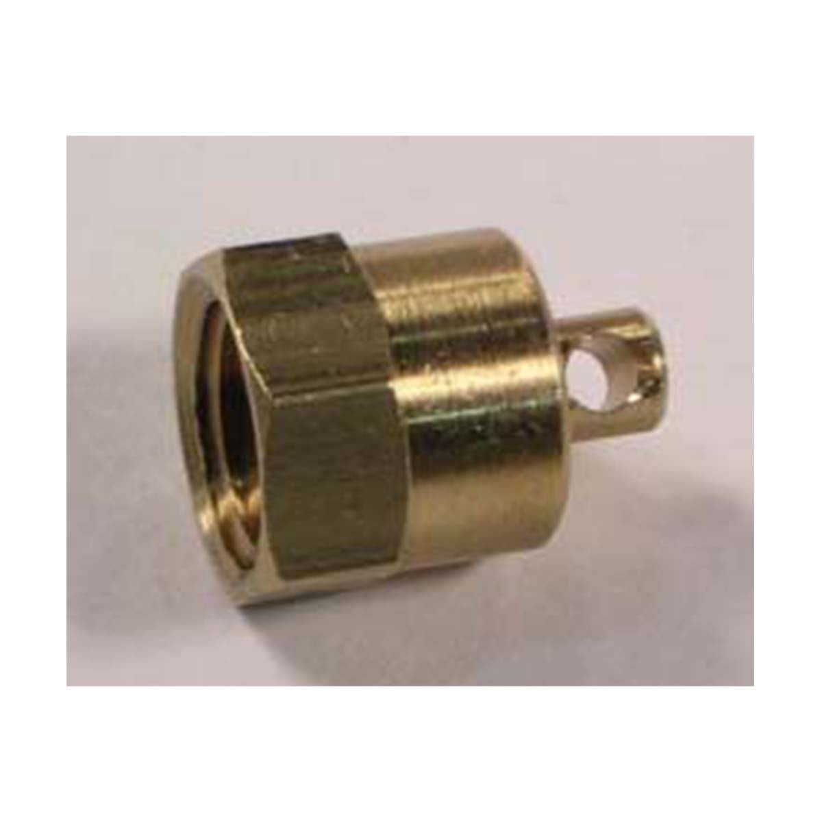 The Indmar CAP DRAIN ALL W/HOOK HOLE (part #511013) by Indmar is shown with a hex nut on one end and a cylindrical cap with a hook hole on the other, set against a plain light background.