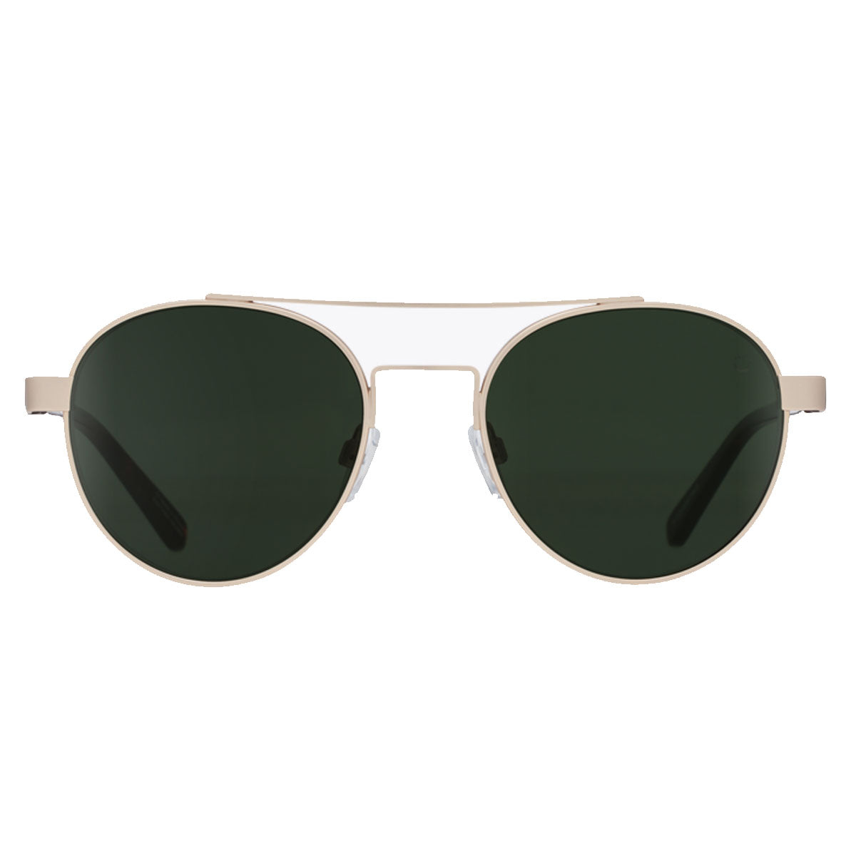 Front view of Spy Deco aviator sunglasses by Spy, featuring matte gold metal frames with Dart Tort accents and Happy Gray Green lenses that offer UV protection, displayed against a white background.
