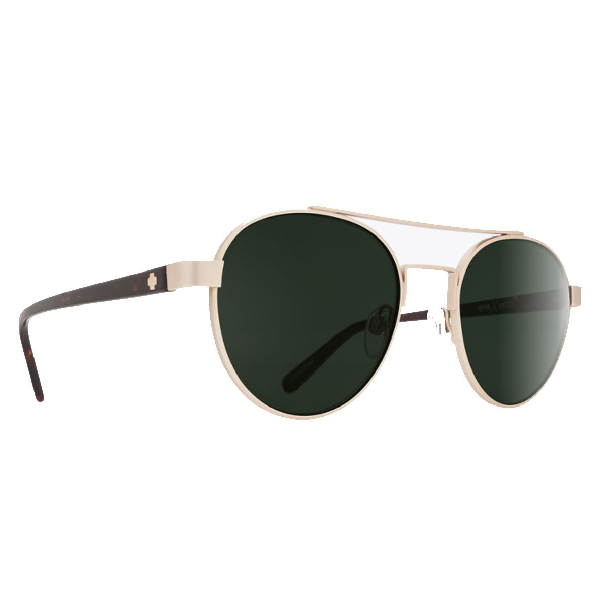 Spy Deco sunglasses by Spy feature a matte gold frame, dart tort arms, and Happy Gray Green lenses in an aviator style with a double bridge design, providing reliable UV protection.