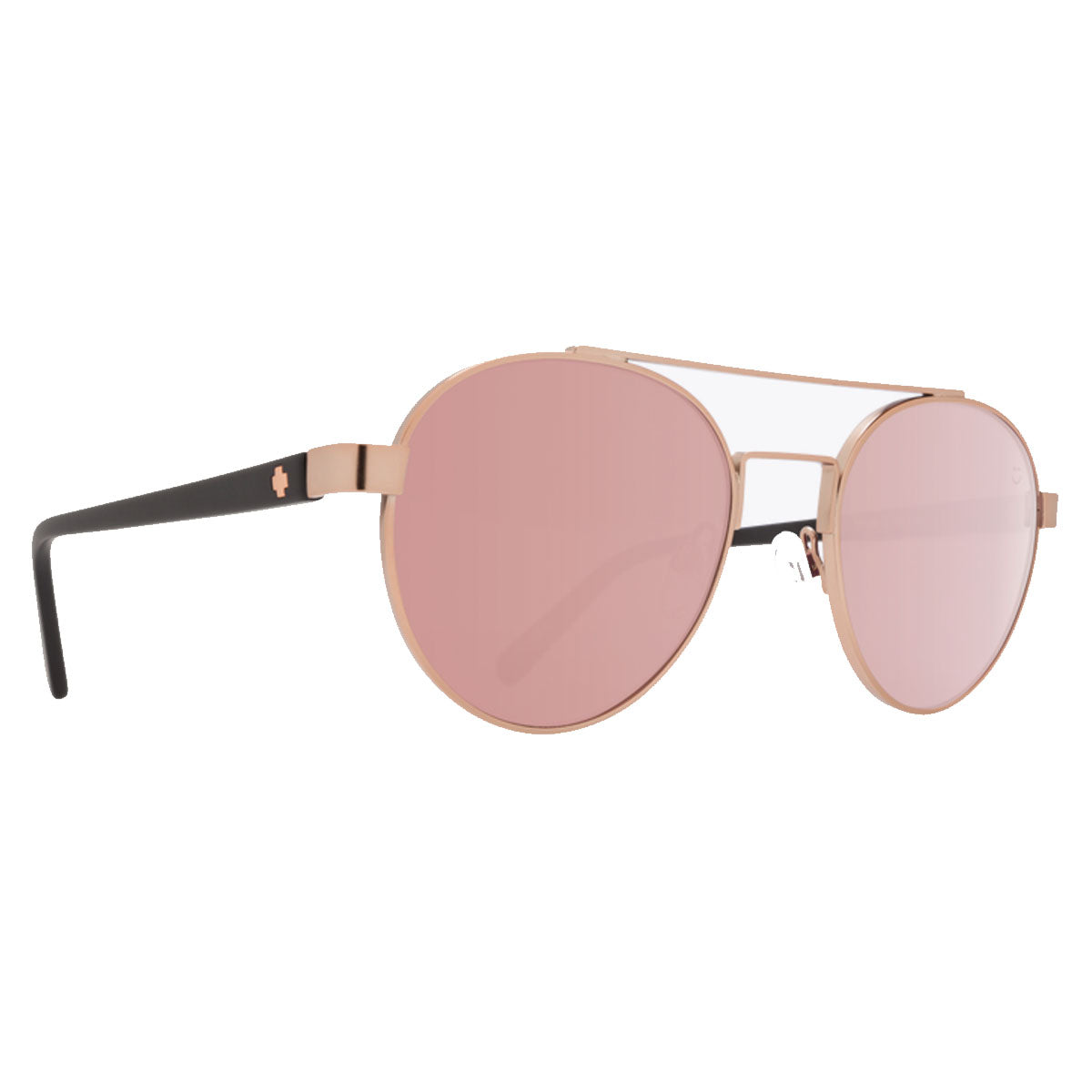 A close-up of Spy Deco sunglasses in Matte Rose Gold / Rose Gold Spectra, showcasing an art deco acetate frame and 100% UV protection.
