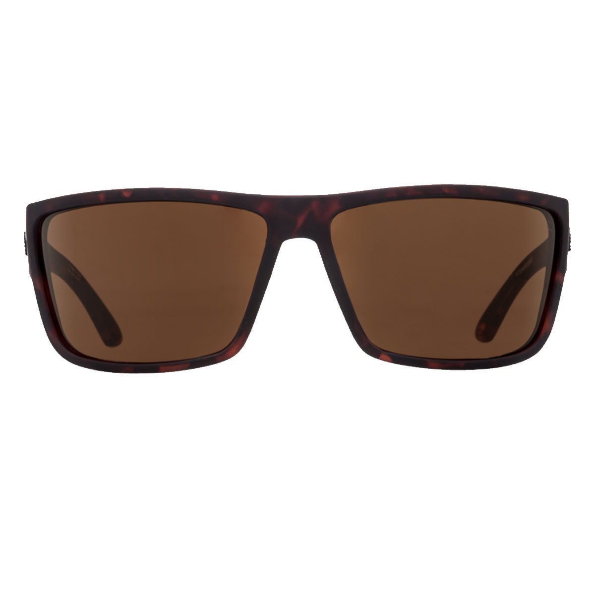 Spy Rocky rectangular polarized sunglasses by Spy, featuring a matte camo tort frame and Happy Bronze lenses with 100% UV protection, displayed from the front on a white background.
