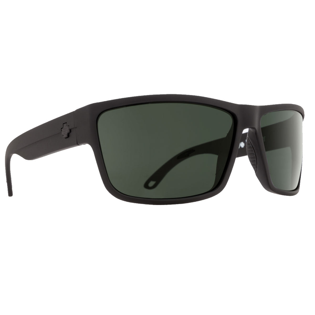 Spy Rocky sunglasses by Spy feature a matte black rectangular frame with HD Plus Gray Green lenses, thick temples, and a subtle logo. Their sporty, modern design provides UV protection—perfect for stylish outdoor adventures.