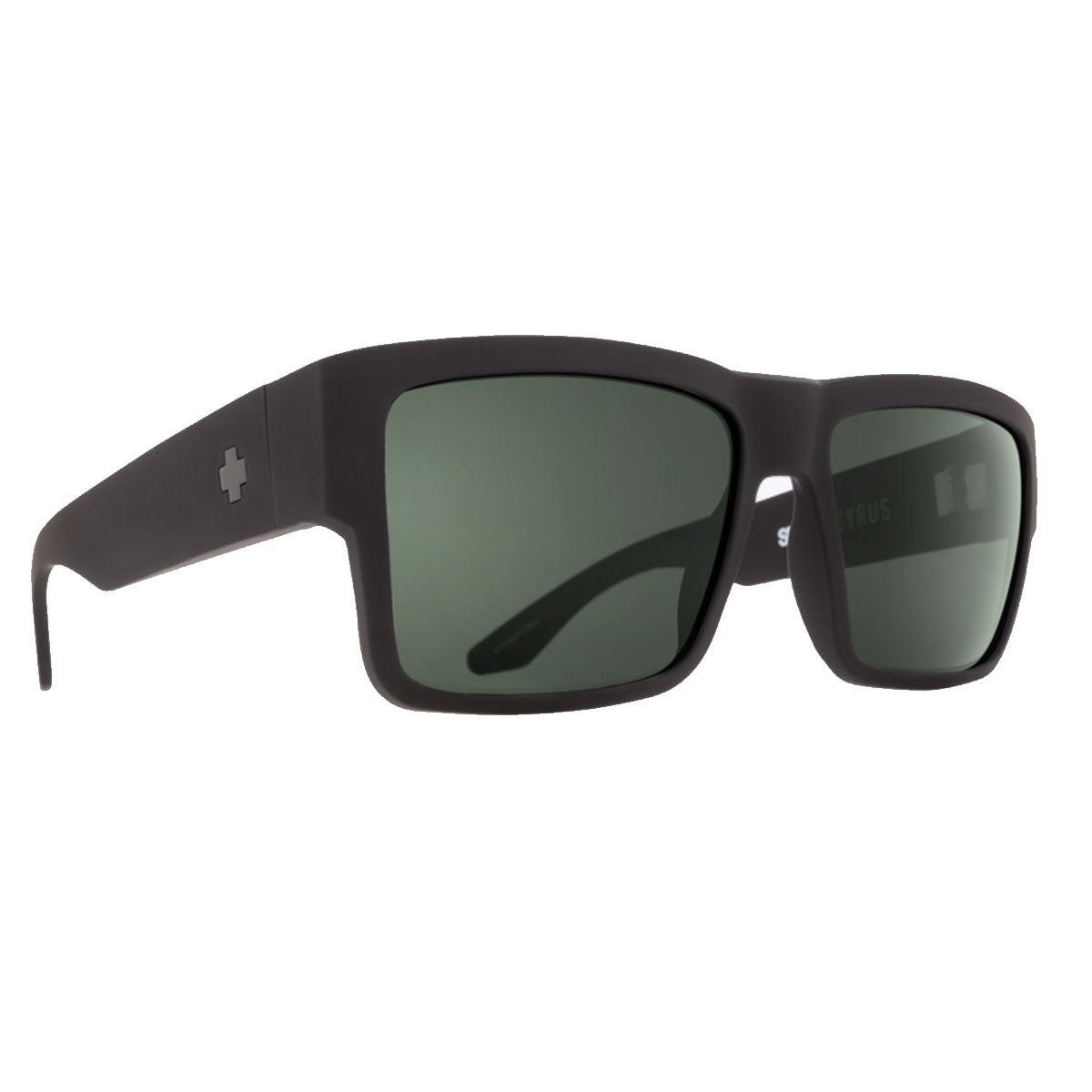 Spy Cyrus sunglasses by Spy feature soft matte black rectangular frames with HD Plus green polarized lenses, a small cross logo on the temple, and UV protection for your eyes.