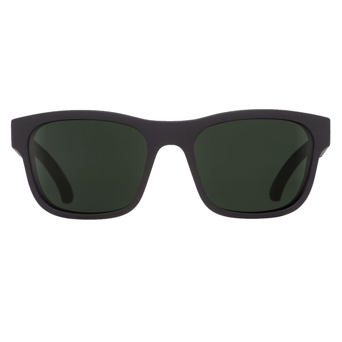 The Spy Hunt sunglasses by Spy feature a matte black rectangular frame with Happy Gray Green Polarized lenses and UV protection, shown front-facing on a plain white background.