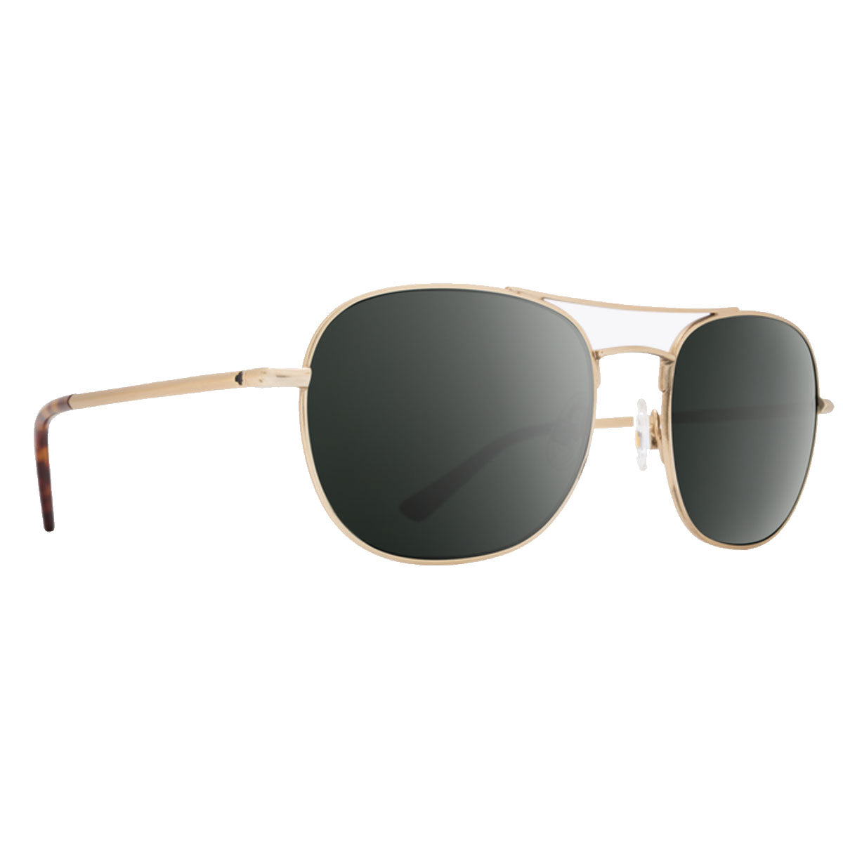 Spy Pemberton sunglasses in antique gold feature a double bridge, thin arms with tortoiseshell tips, HD Plus gray green lenses with black Spectra mirror for enhanced clarity, and a sleek rectangular wire rim design.