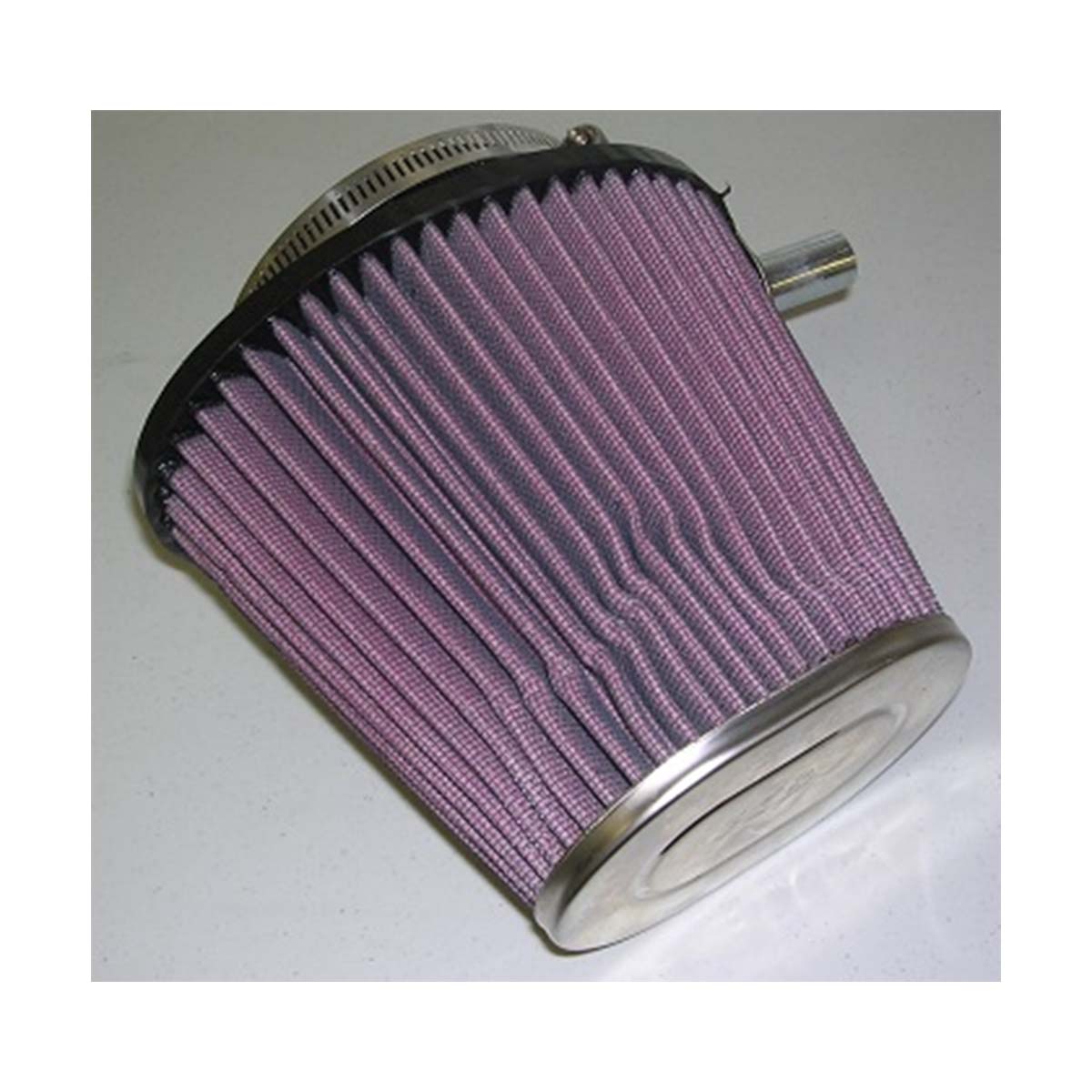 The Indmar FLAME ARRESTOR FORD 6.2 - 525900, a cone-shaped pleated air filter with metal base and clamp for automotive or machinery use, is pictured against a plain white background.