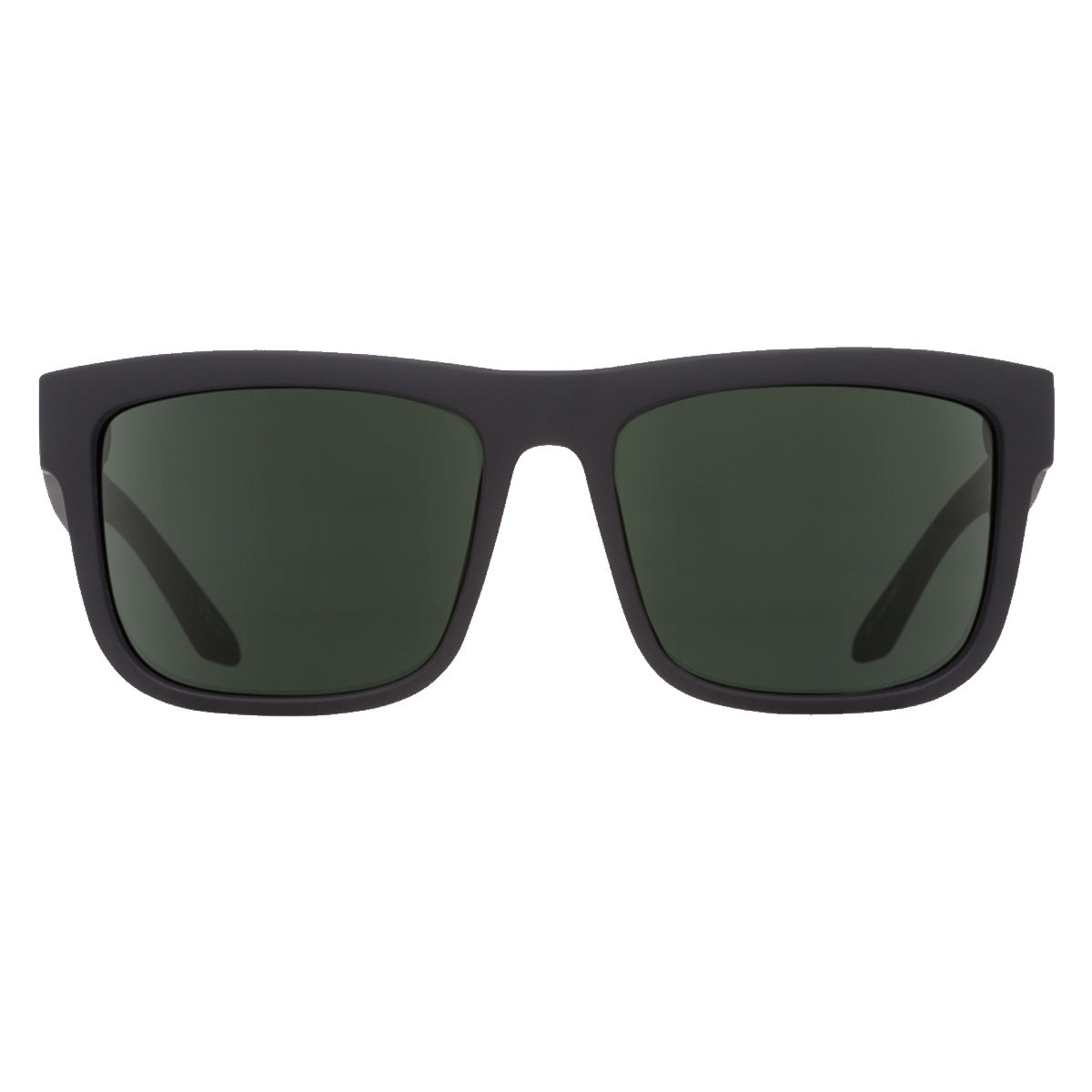 The Spy Discord sunglasses by Spy feature a soft matte black rectangular frame and HD Plus gray green lenses with 100% UV protection, shown from the front against a white background.