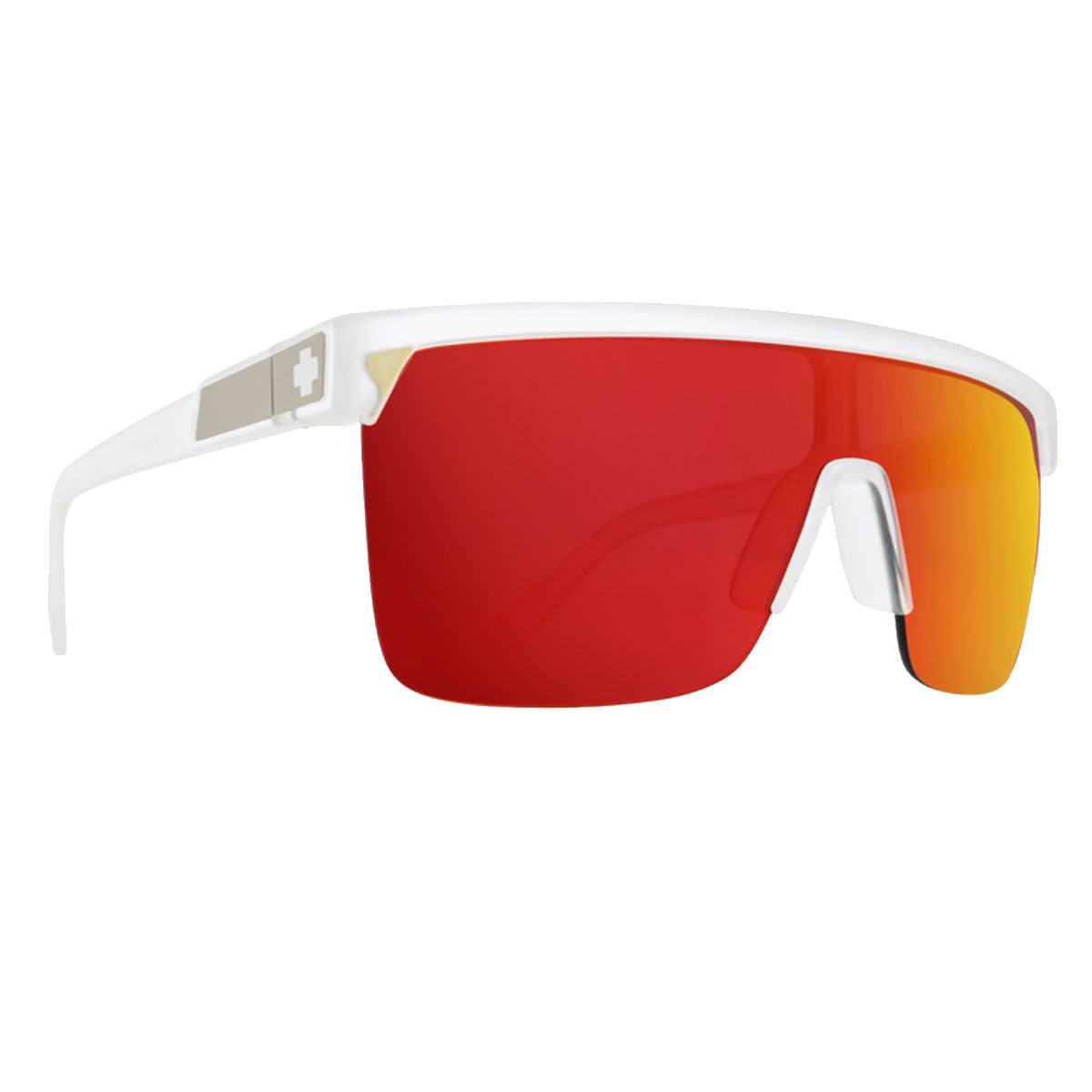 The Spy Flynn Matte Crystal sunglasses feature a single large HD Plus Gray Green lens with Red Spectra Mirror and a white cross logo, delivering standout sporty style and top UV protection.
