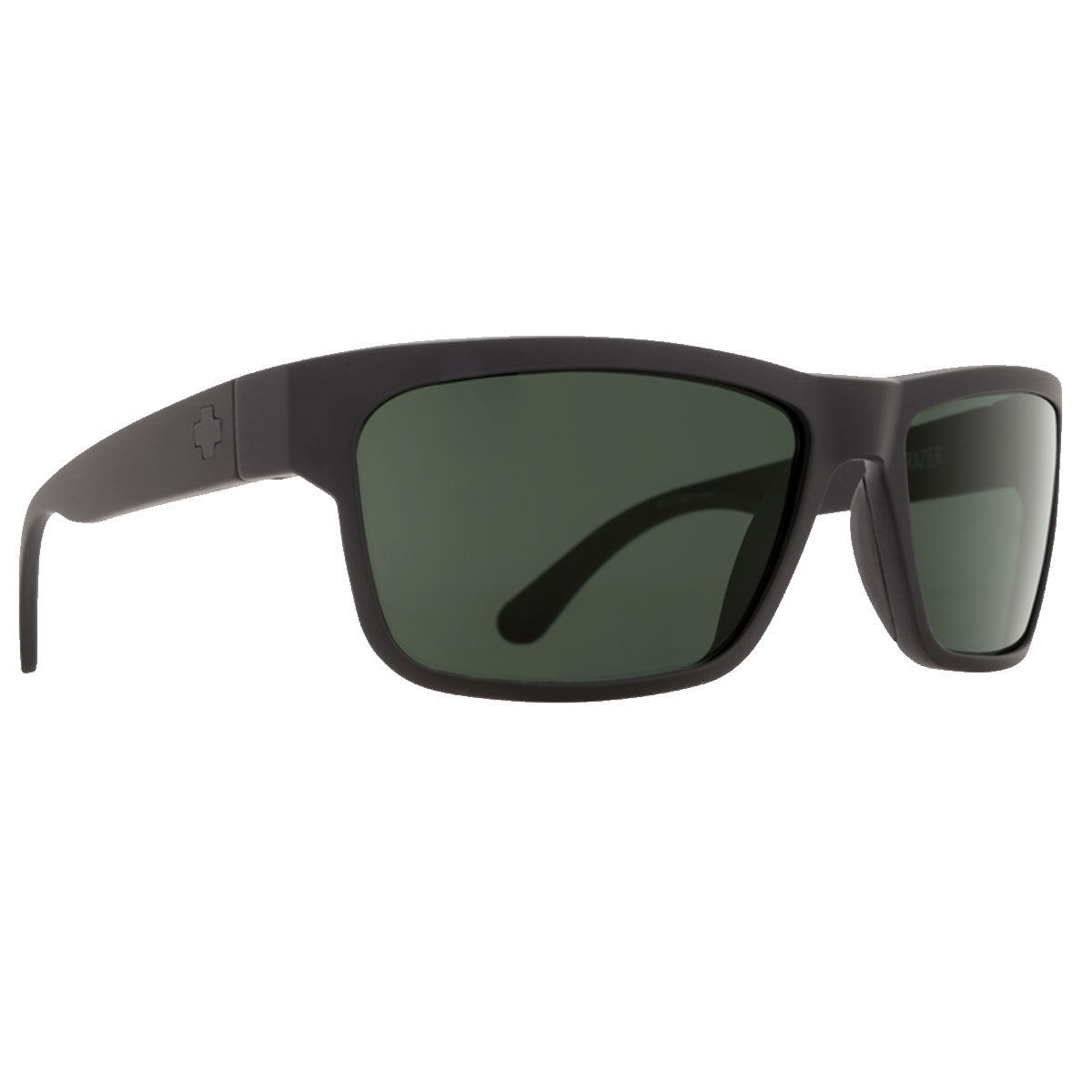 Spy Frazier sunglasses by Spy, shown in matte black with HD Plus Gray Green lenses, offer superior clarity and UV protection with thick rectangular plastic frames. Displayed on a white background.