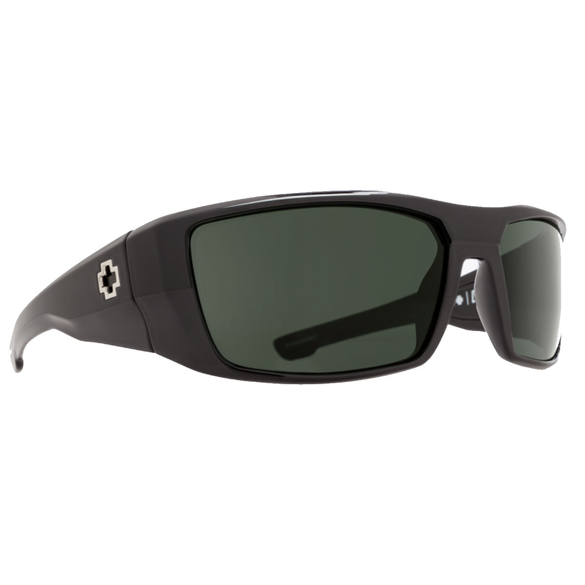 The Spy Dirk sunglasses by Spy feature a black wraparound design with HD Plus Gray Green Polar lenses, thick arms, a subtle silver cross logo, sporty modern style, and provide 100% UV protection.