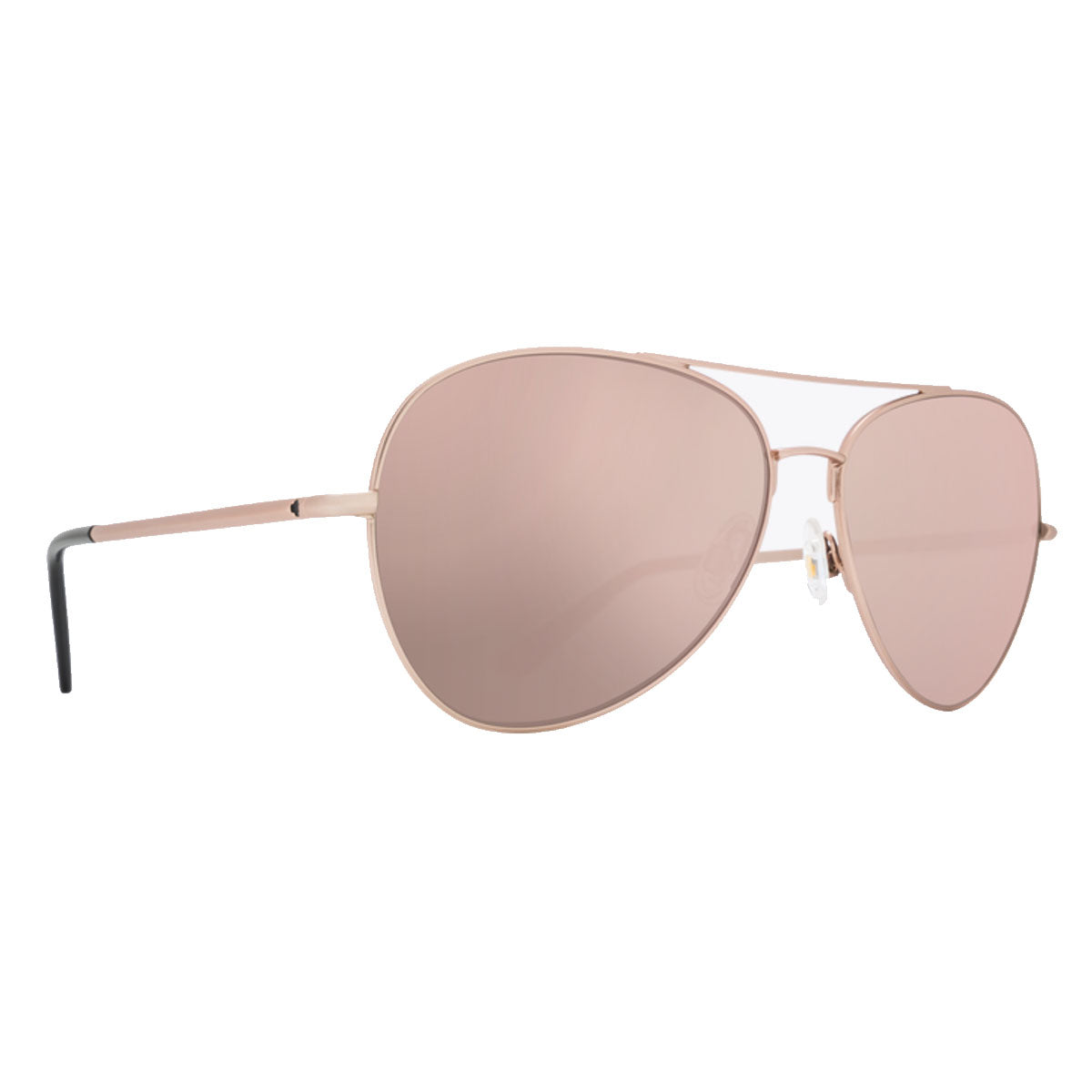Spy Blackburn aviator sunglasses in matte rose gold feature HD Plus gray green lenses with rose quartz spectra, a thin metal frame, double bridge, and black-tipped arms, shown on a white background.
