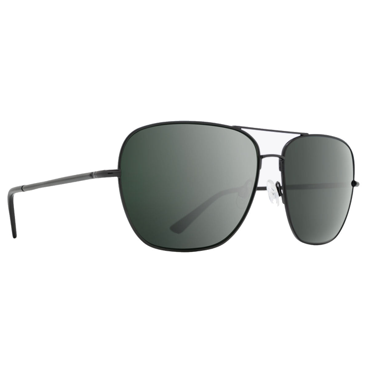 Spy Tatlow sunglasses by Spy feature a black frame with HD Plus Gray Green rectangular lenses, Black Spectra Mirror coating, thin arms, and adjustable nose pads, shown on a white background.