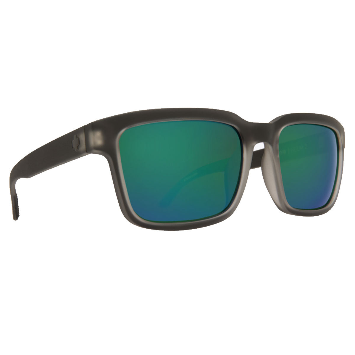 The Spy Helm 2 - Matte Black Ice by Spy features thick, matte black frames and green reflective Happy Bronze/Emerald lenses with UV protection, displayed at an angle on a white background.