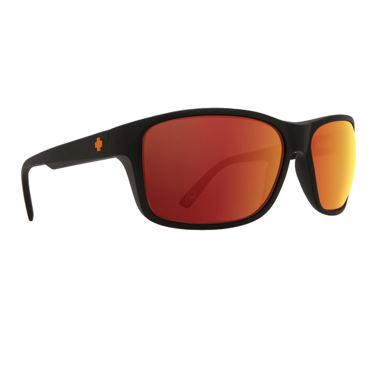Spy Arcylon - Dale Jr Matte Black sunglasses feature large rectangular frames, HD Plus Gray Green lenses with Orange Spectra, orange cross logo on the arms, and 100% UV protection for a sporty, modern look.