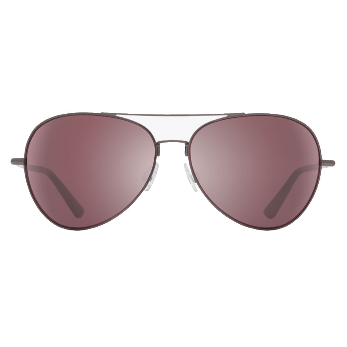 Front view of the Spy Blackburn aviator sunglasses by Spy, featuring thin gunmetal frames and large teardrop-shaped HD Plus Rose Polar lenses with a Silver Spectra Mirror finish for enhanced glare reduction.