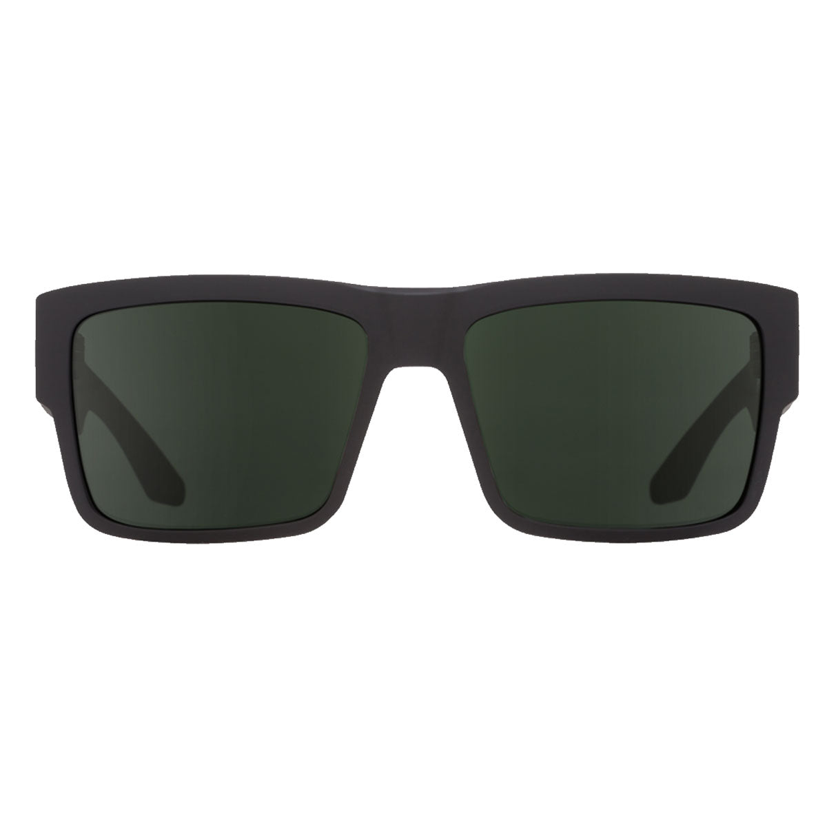 The Spy Cyrus sunglasses by Spy feature a matte black rectangular frame and HD Plus gray green polarized lenses, displayed from the front against a white background.