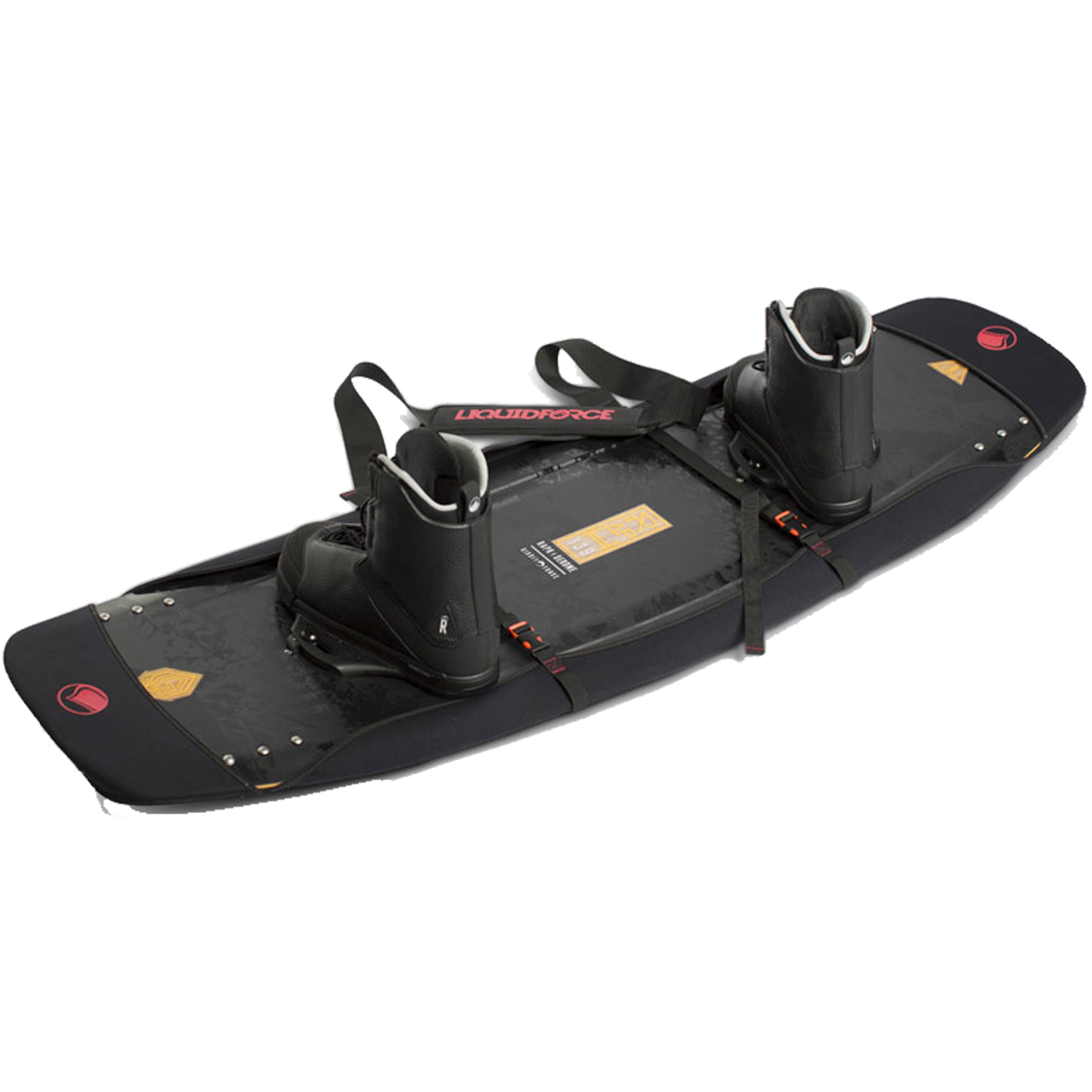A Liquid Force 2019 Board Edge Protector in black with attached black boots and two carrying straps, showcasing edge protection, is displayed on a white background.