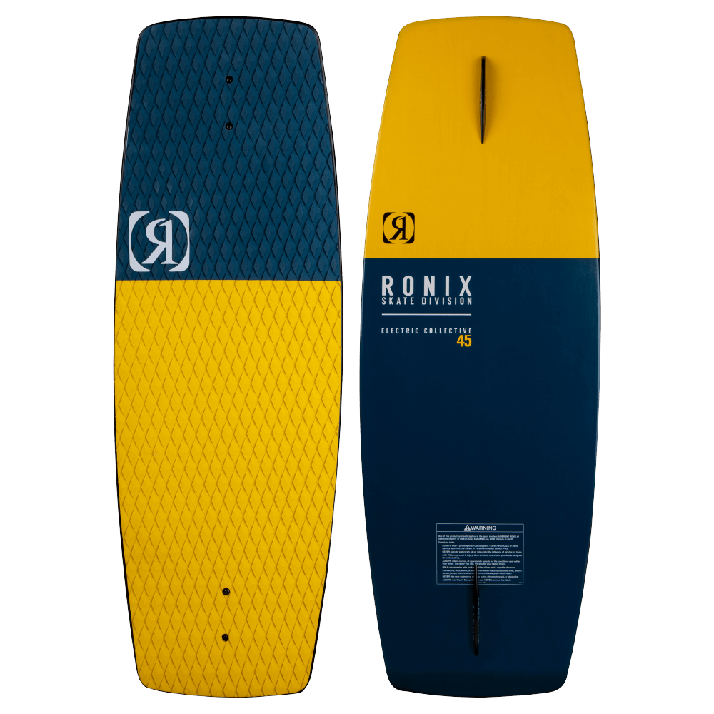 A Ronix 2024 Electric Collective Wakeskate with a yellow and blue design featuring an EVA top deck.