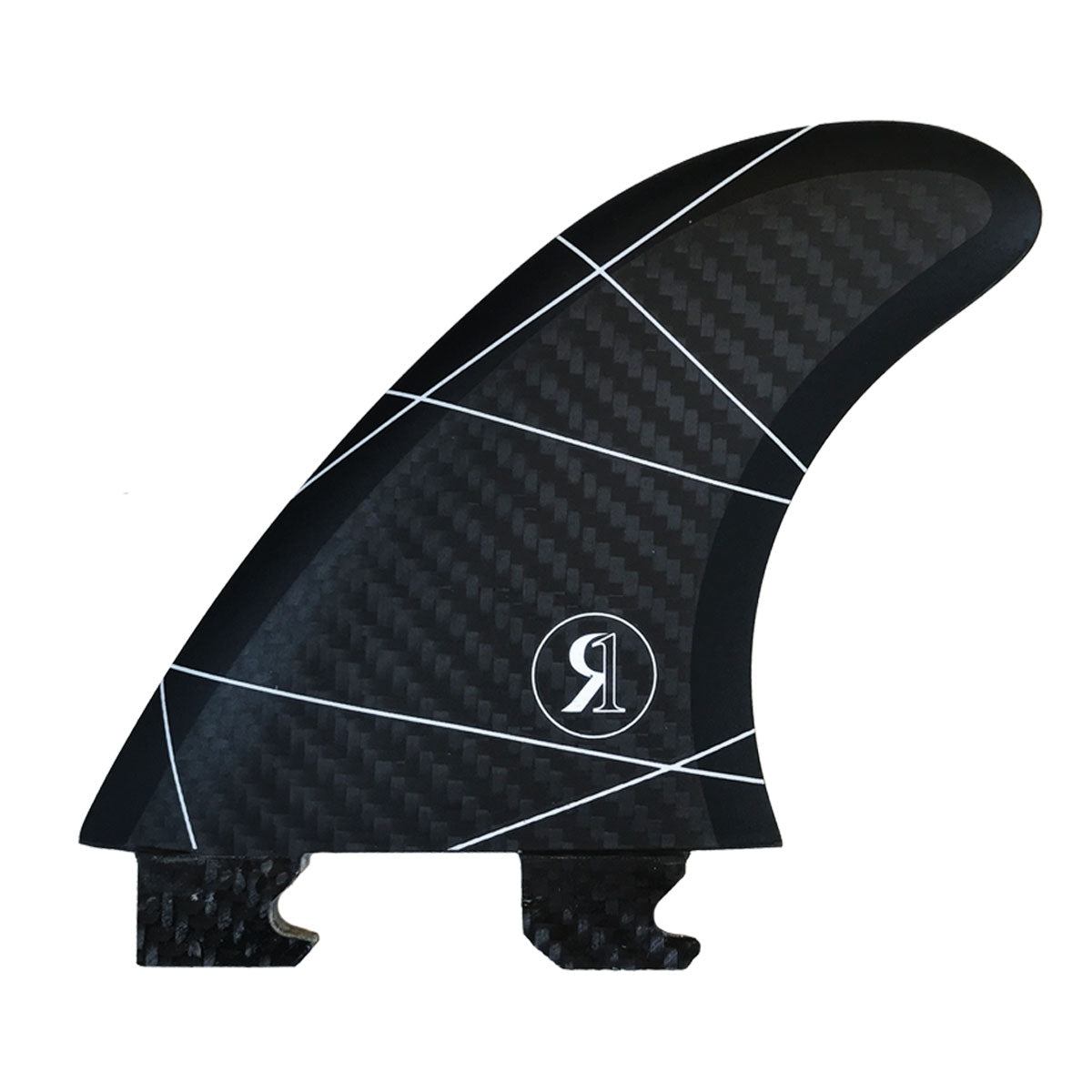 A lightweight, strong Ronix Floating Fin-S 2.0 Tool-Less Fiberglass constructed center fin with a logo on it.
