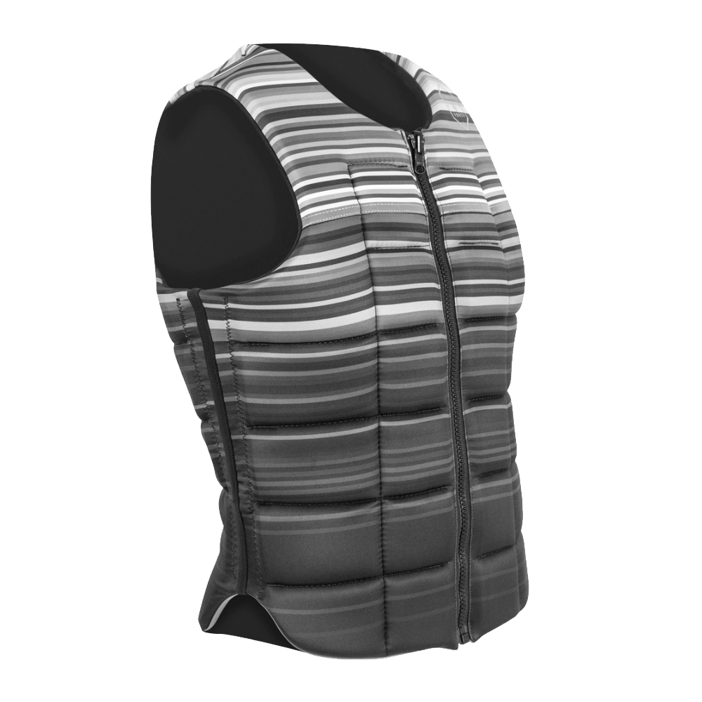The Liquid Force 2022 Flex Comp Vest by Liquid Force is a padded vest with a front zipper, designed with horizontal stripes in gray, white, and black, shown on a white background.