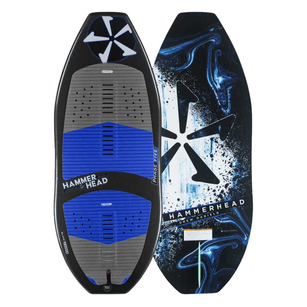 A Phase 5 2022 Hammerhead wakeboard with a blue and black design.