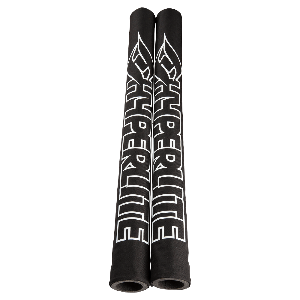 Two black Hyperlite Trailer Boat Guide Pole Covers, featuring bold white HYPERLITE branding, are stacked vertically side by side against a white background—ideal boat trailer accessories for added protection.