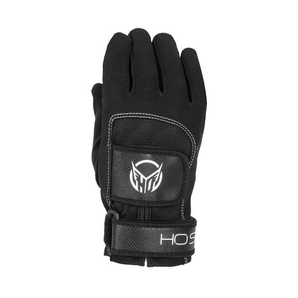 The HO Sports HO Mens Pro Grip Glove is black with white stitching, a white back logo, and an adjustable HOS wrist strap. It features a textured palm for superior grip and reinforced knuckles for ergonomic comfort.