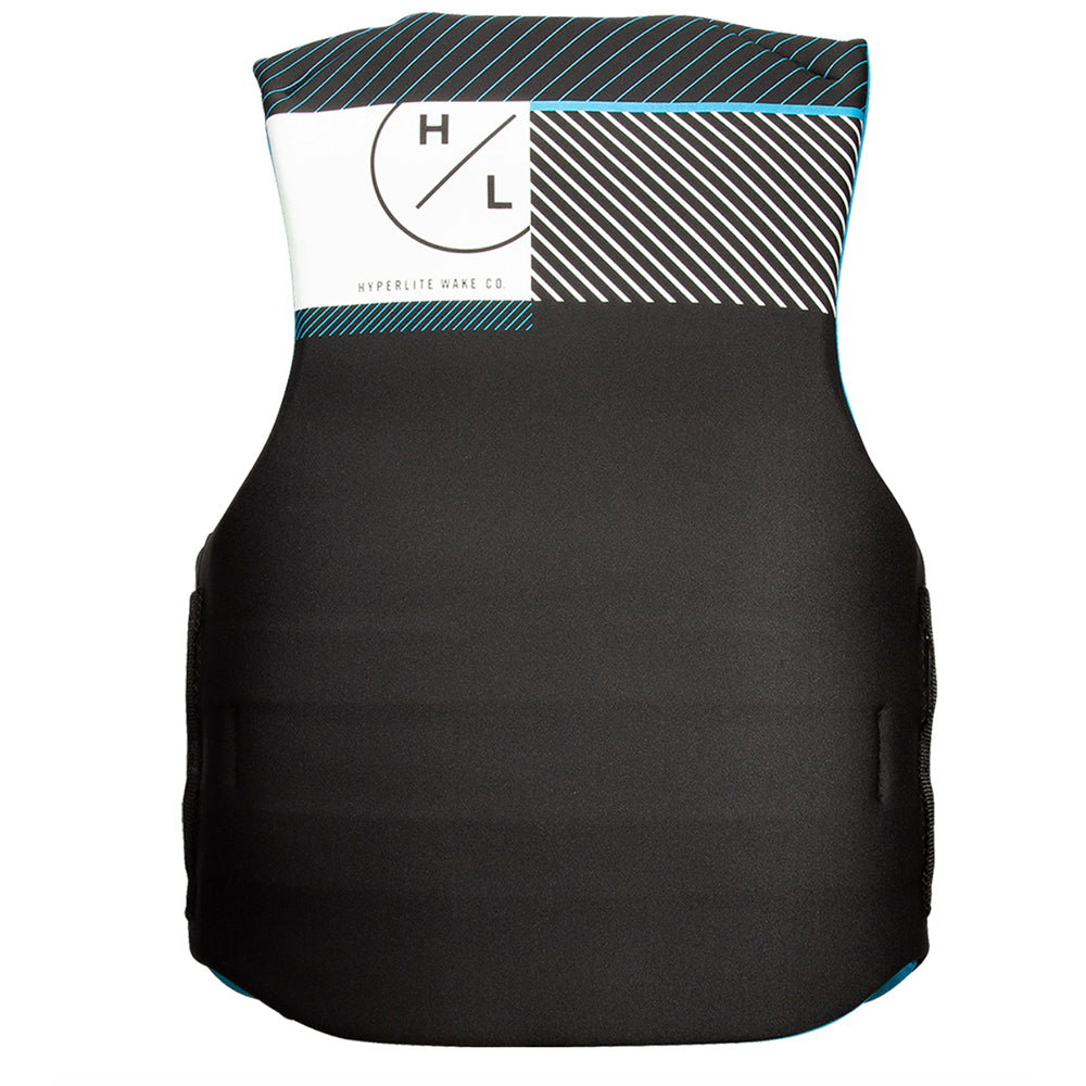 A Hyperlite Men's Indy CGA Vest - Blue, a US Coast Guard approved black life vest with a blue and black design.