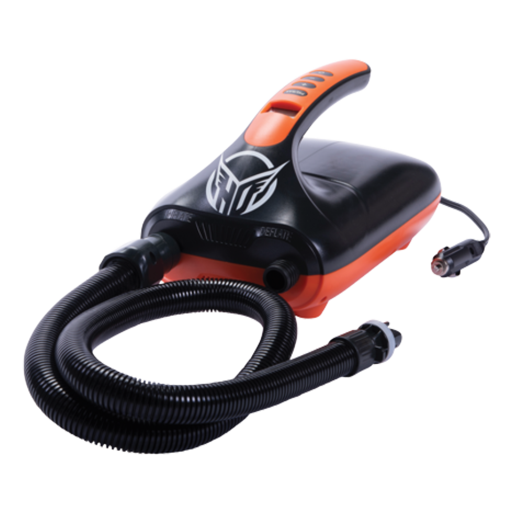 The HO iPump, a black and orange electric inflator/deflator, comes with a hose attached to it.