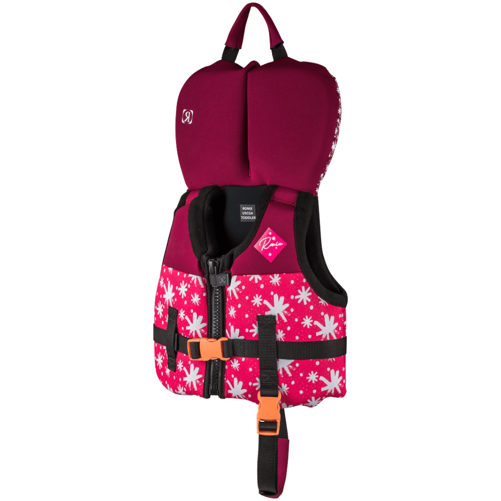 A Ronix Laguna Toddler CGA Vest (0-30 LBS) with a pink and white pattern, designed for CGA compliance and maximum floatation.
