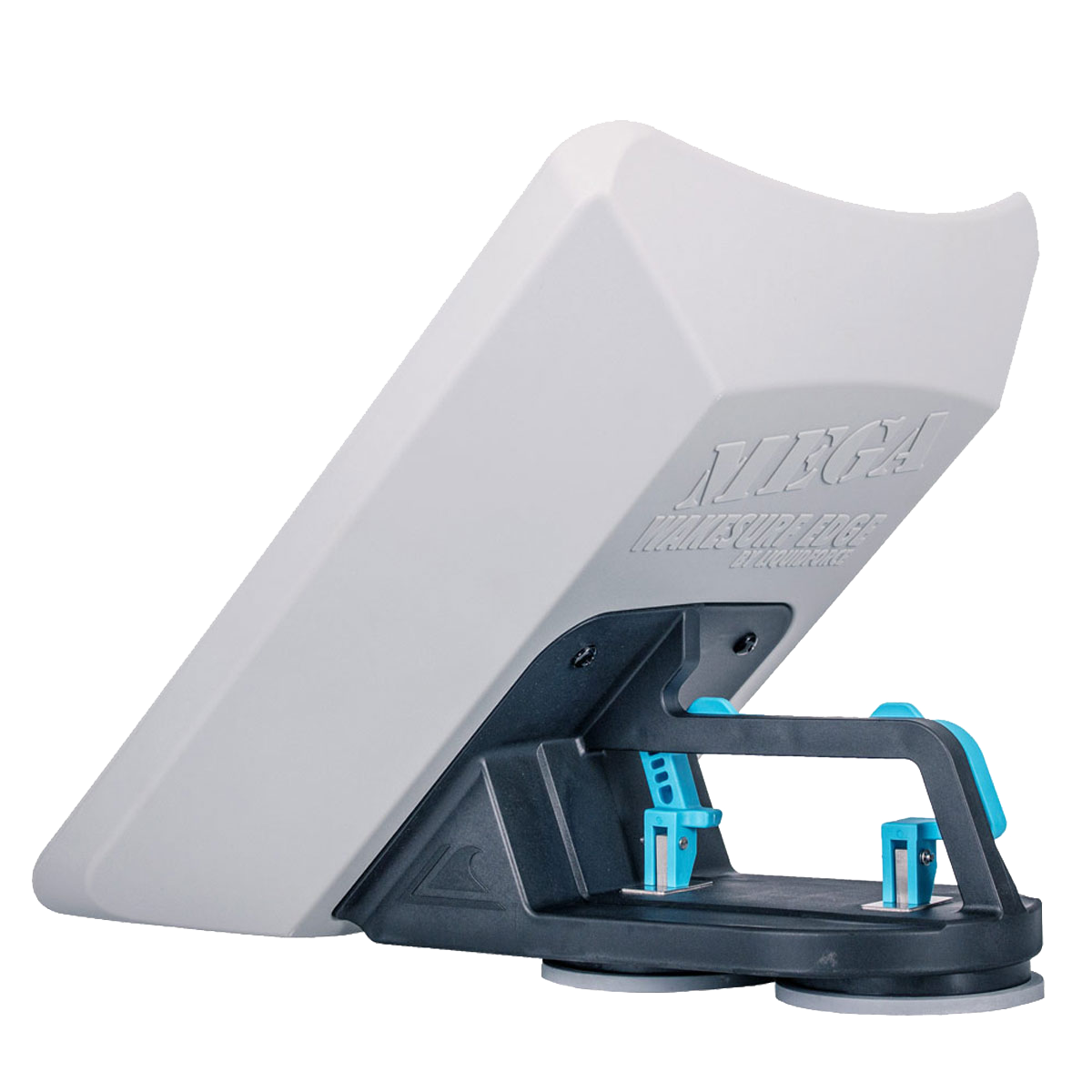 The Liquid Force Wakesurf Edge Mega Wave by Liquid Force is a white and black plastic device with blue accents, featuring two suction cups at the base and "MEGA" embossed on its slanted top for enhancing your wakesurf wave.