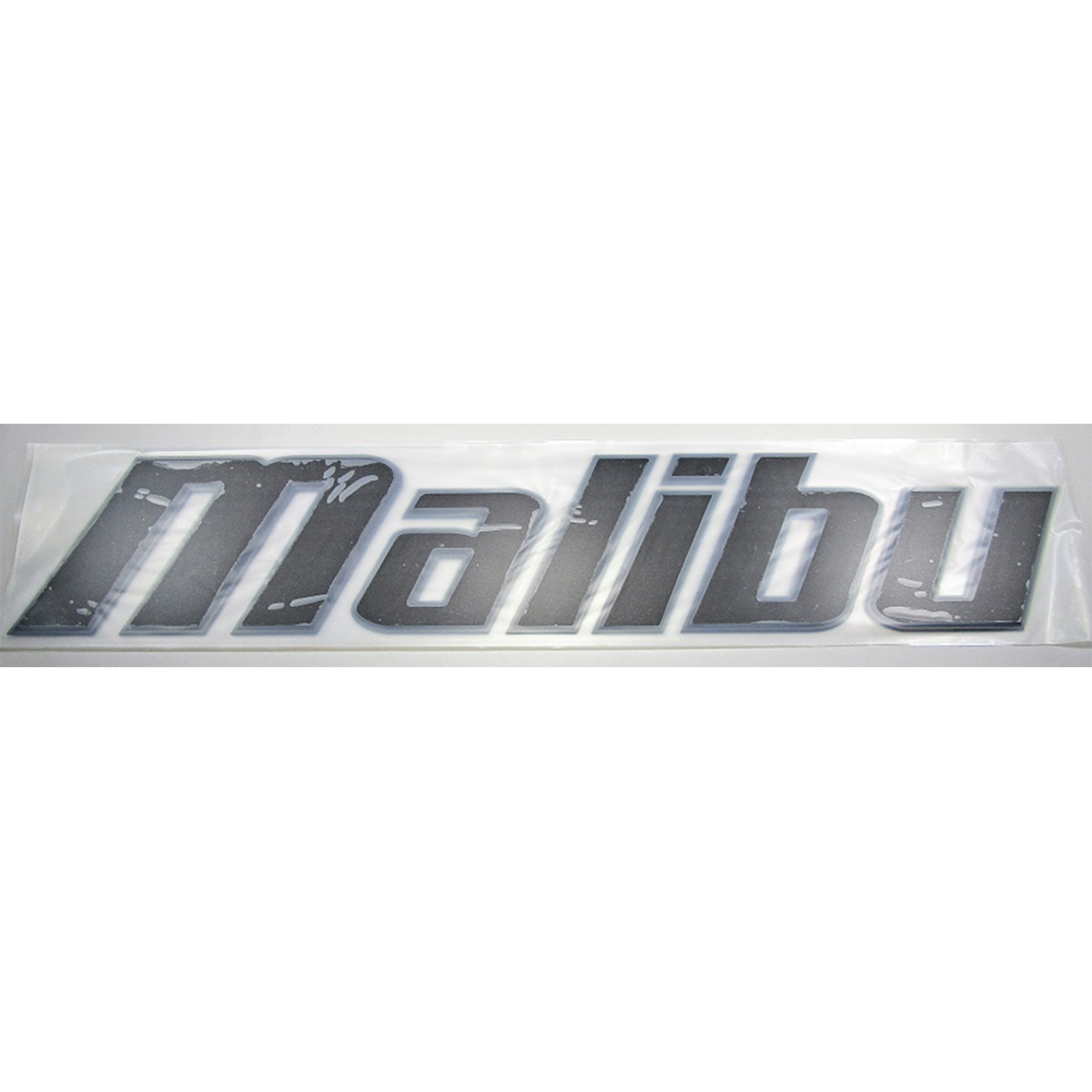 A Malibu LG Decal - Black (5992926) from Malibu, featuring the word "Malibu" in bold, italicized font on a white background.