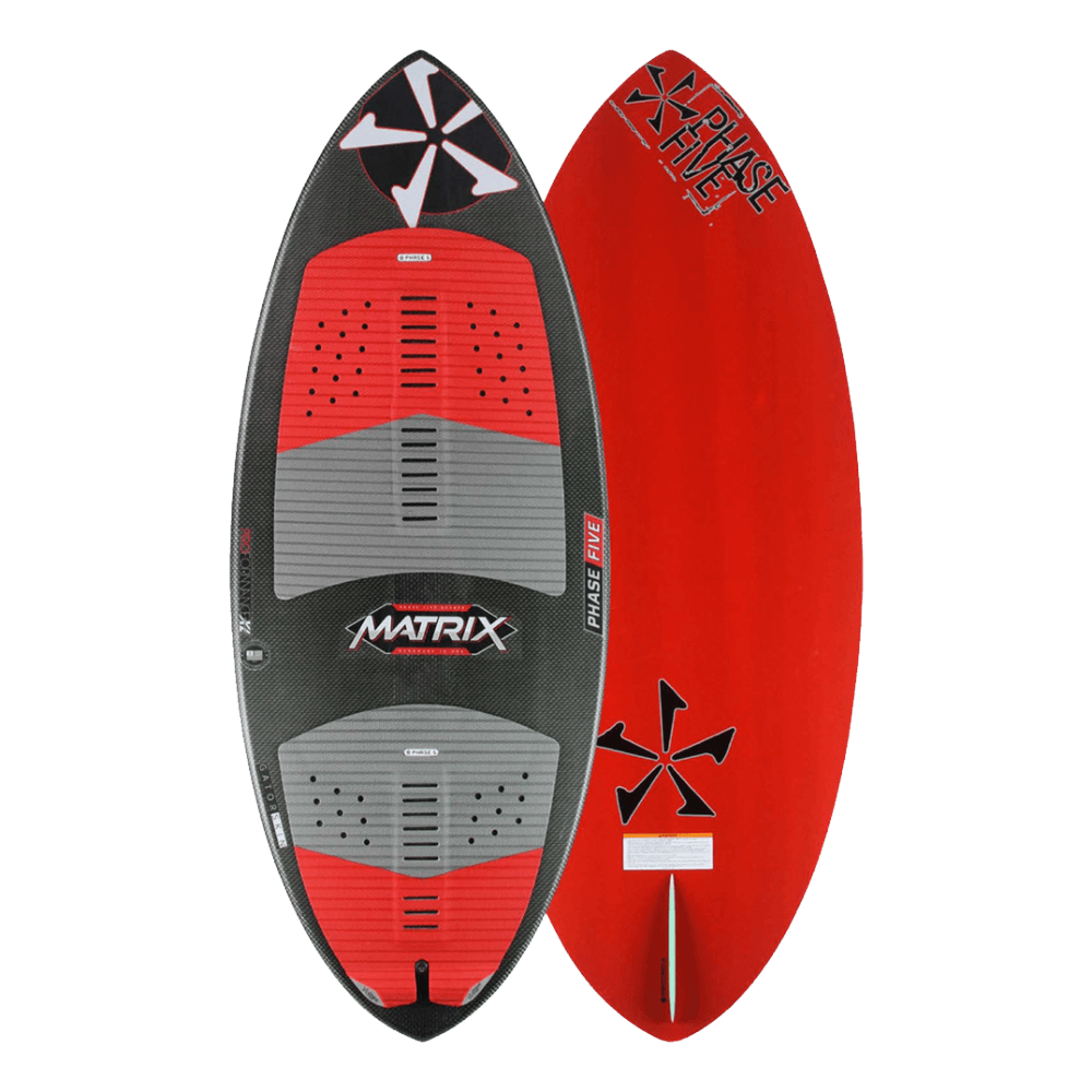 A Phase 5 2022 Matrix Wakesurf Board with a red and black design.