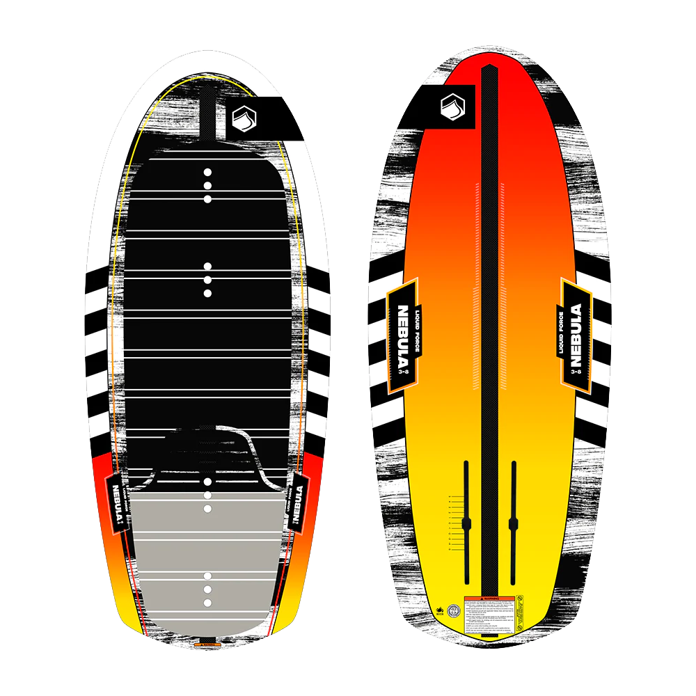 The Liquid Force 2022 Nebula Foil Board features a top view with black, white, and gray stripes plus a foot grip area, while the bottom boasts DuraSurf construction in bold red, orange, and yellow with white and black accents.