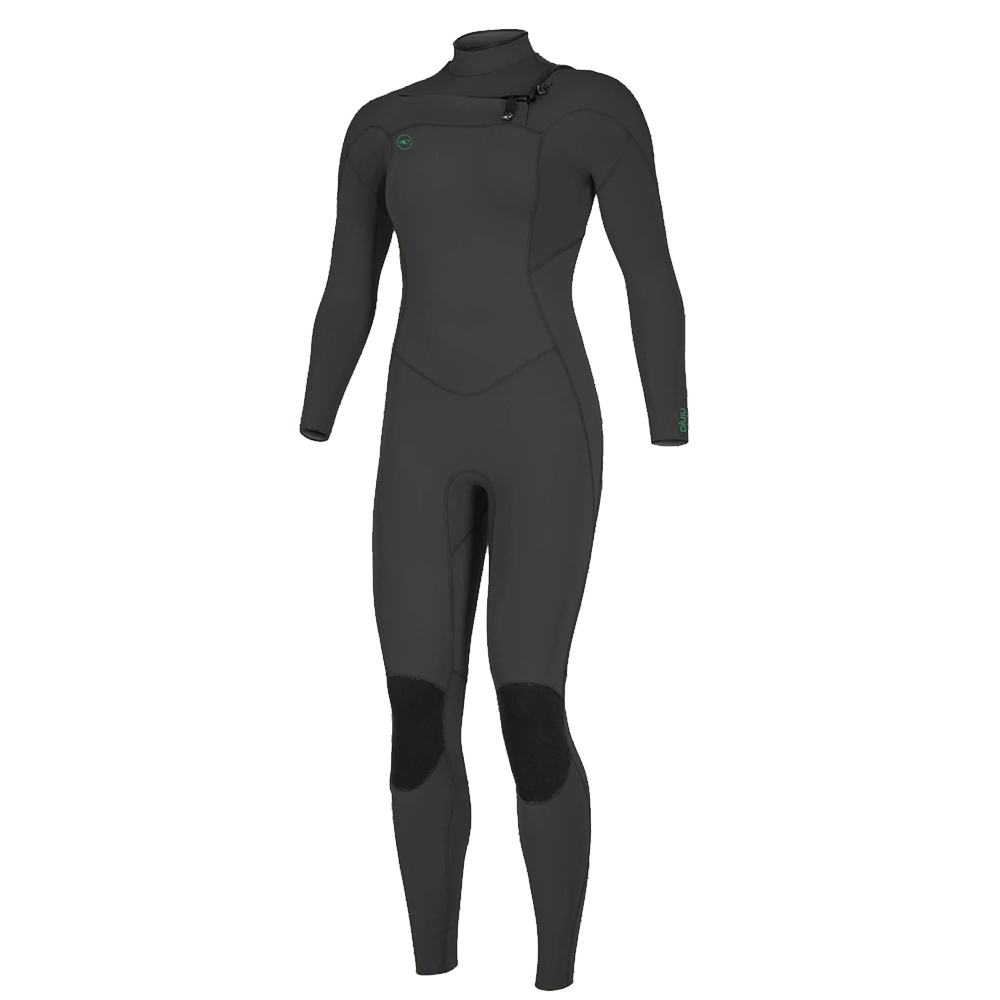 A O'Neill women's wetsuit from the high end Ninja Series, showcasing UltraFlex technology, on a yellow background.