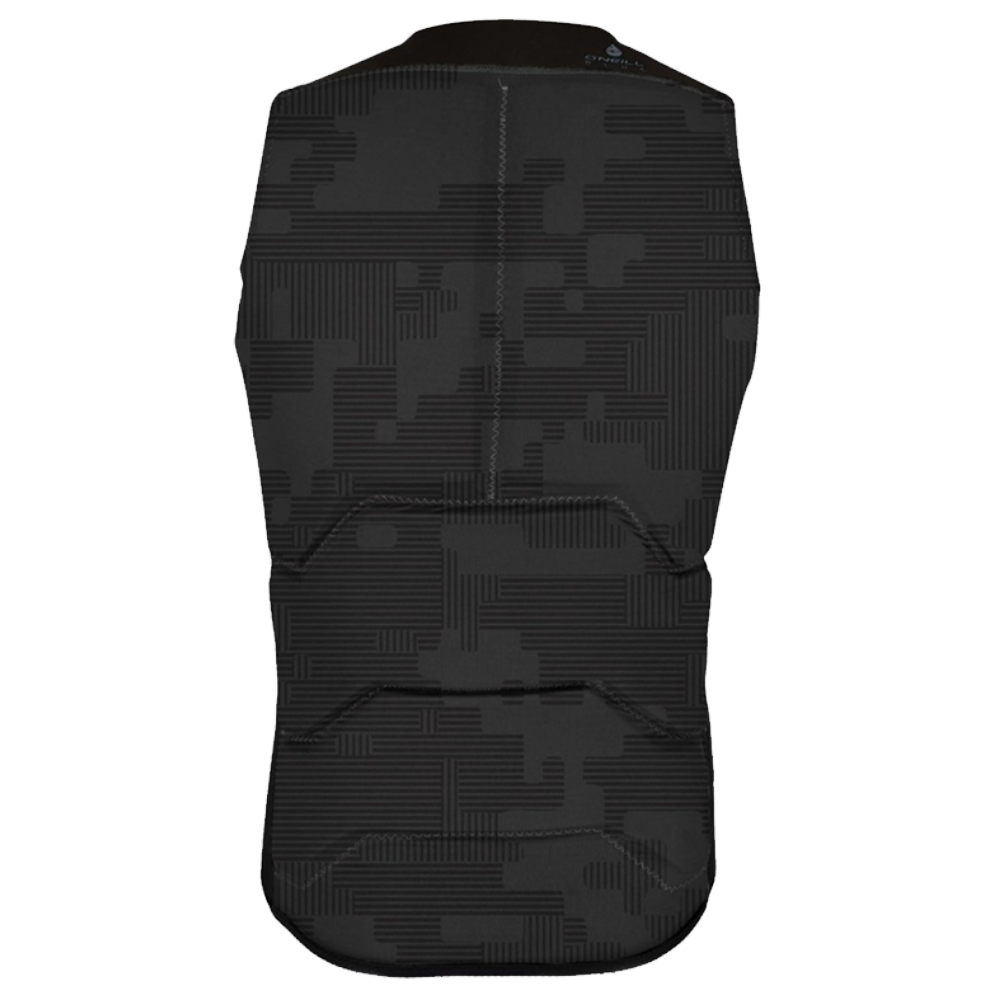 The O'Neill Nomad Comp Vest is a men's sleeveless black competition vest by O'Neill, featuring a geometric pixelated pattern and subtle horizontal lines, made from recycled Technobutter 3, shown from the back on a plain white background.