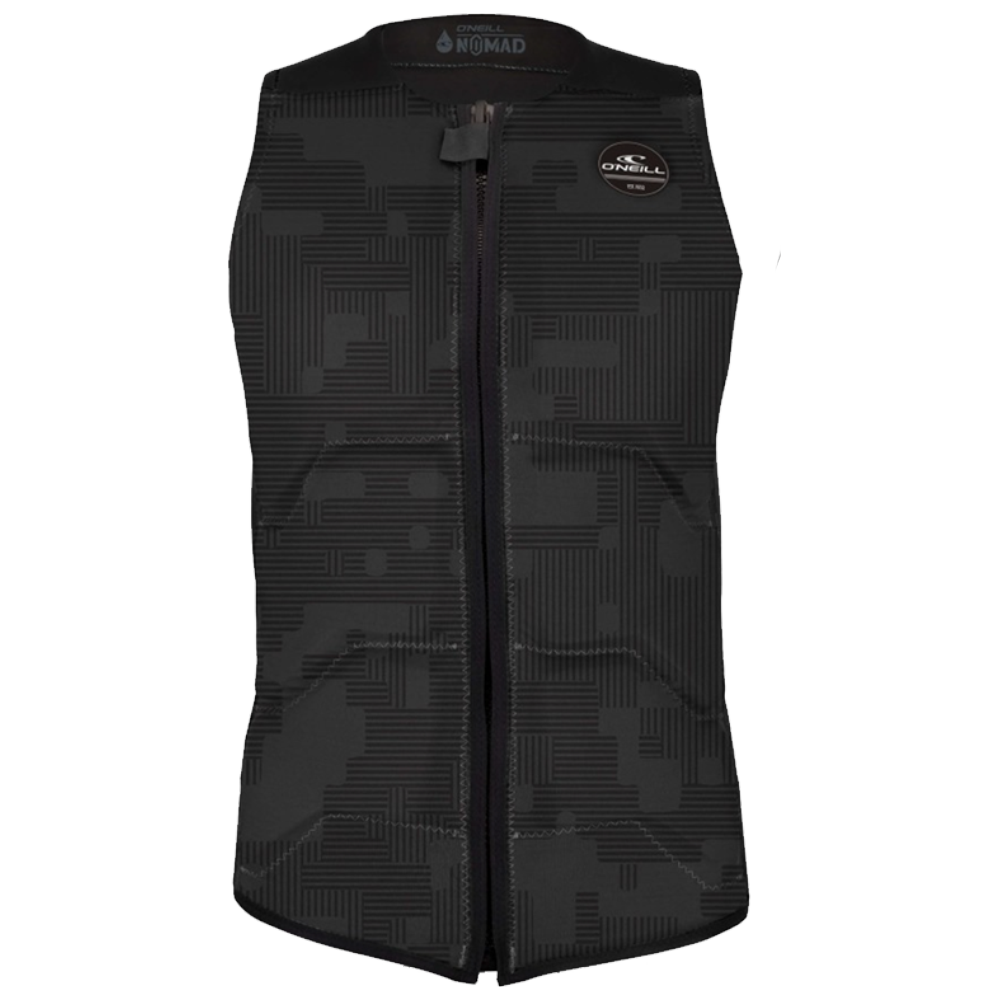 The O'Neill Nomad Comp Vest is a black, sleeveless men's vest with a front zipper and subtle geometric patterns, made from PVC-free Nytrolite foam by O'Neill, shown against a white background.