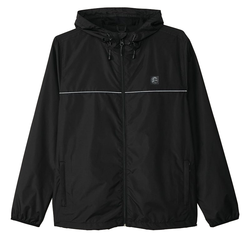 The O'Neill Nomadic Wind Breaker is a black men's jacket with a front zipper, drawstring hood, chest logo, thin reflective stripe on chest and arms. Water resistant—ideal for unpredictable weather.