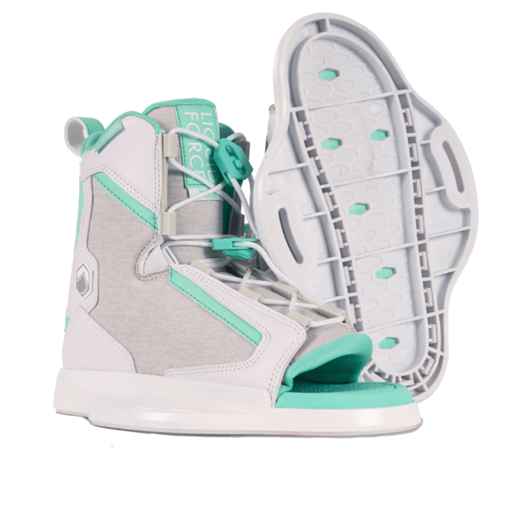 An exceptionally comfortable and stable pair of Liquid Force 2024 Plush 6R wakeboard boots in white and mint, designed for beginner to intermediate riders.