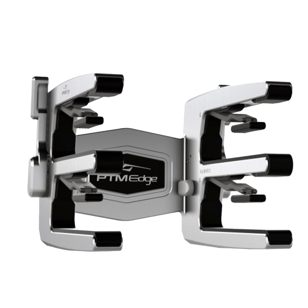 The PTM Edge ClampForce Board Rack (Set of Two) in gray features marine-grade construction and two sets of adjustable, black-tipped clamp arms with a ClampForce mechanism, shown against a white background.