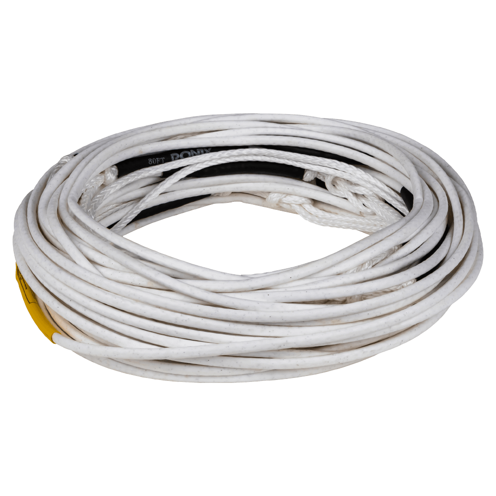 A Ronix R8 - 80ft 8 Section Floating Mainline - White silicone coated cable on a black background.