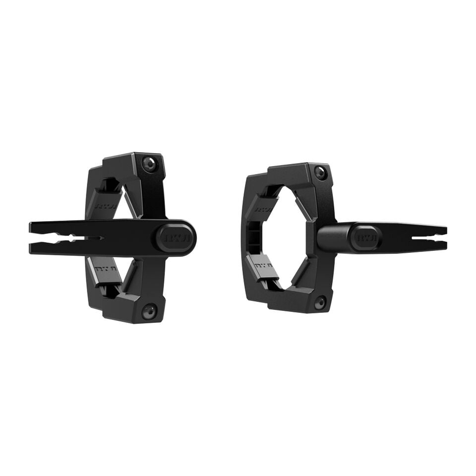 A pair of black Roswell Rope Hooks neatly stores tow rope on a white background.