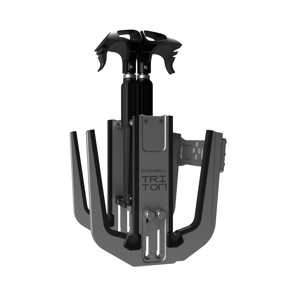 The Roswell Triton Strapless Board Rack by Roswell is a black and gray mechanical rack with multiple curved arms and clamps, designed for secure wakeboard and wakesurf storage, shown against a plain white background.