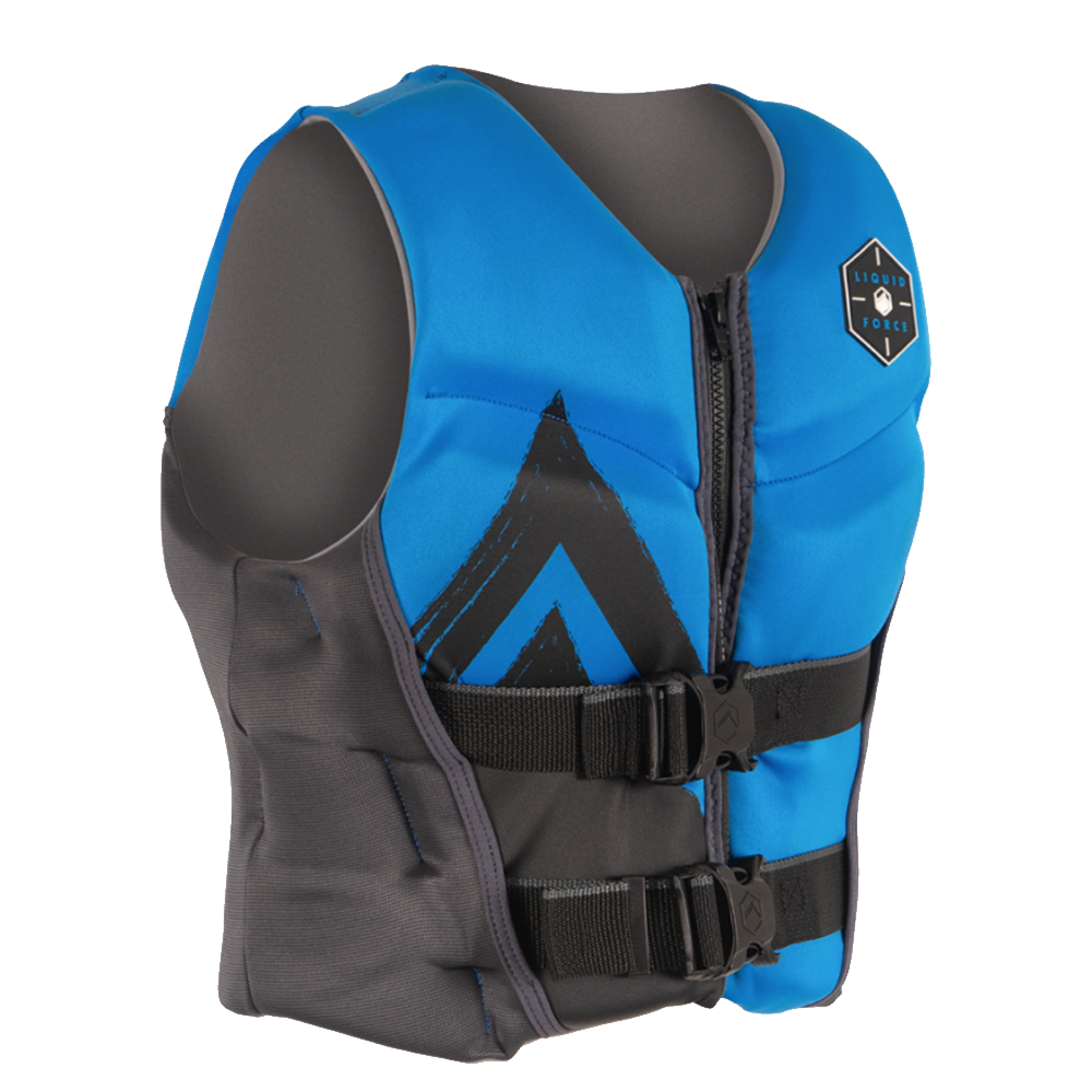 Introducing the Liquid Force Ruckus Youth CGA Vest in blue, crafted with lightweight fabric, adjustable straps, and a zipper front. This Coast Guard Approved life jacket guarantees safety for young adventurers.